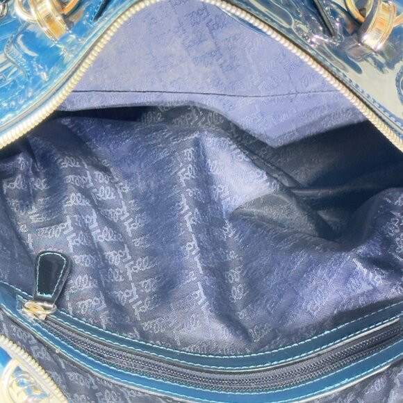 Folli Follie Glossy Croc-Embossed Shoulder Bag Handles Adjustable Strap Blue/Bla - Picture 8 of 12